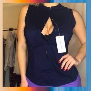 MIU MIU NWT navy silk button up sleeveless blouse.